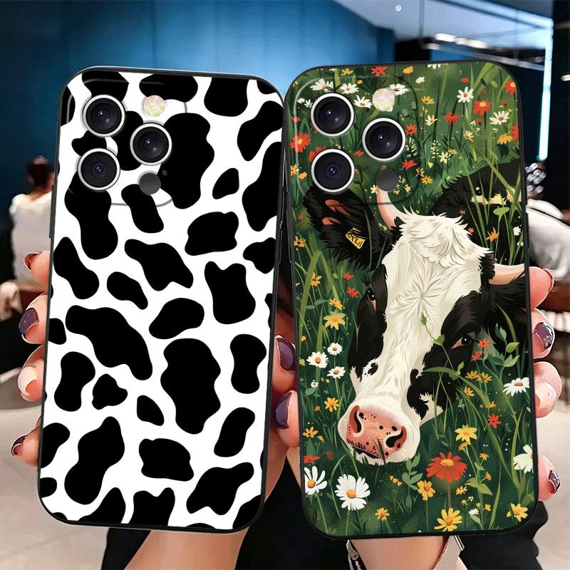 White Black Dairy Cattle Symbol Soft Phone Case for iPhone 16 16E 17 Air 15 Pro Max 14 Plus 13 Mini 11 12 7 Black Cover Back She