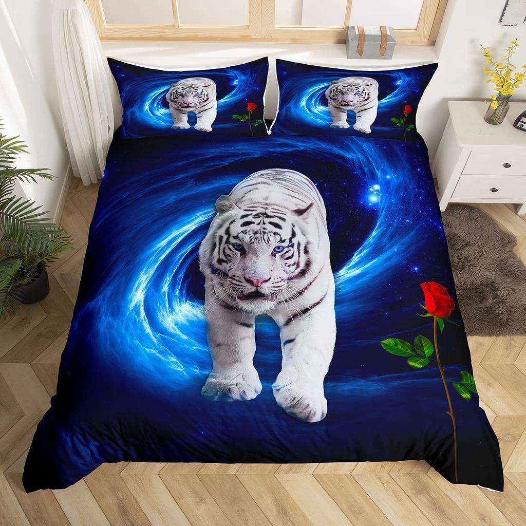 Tiger Wild Animals Duvet Cover Set King Of The Forest Pattern Polyester Comforter Cover King Queen Full Size For Kids Boys Girls