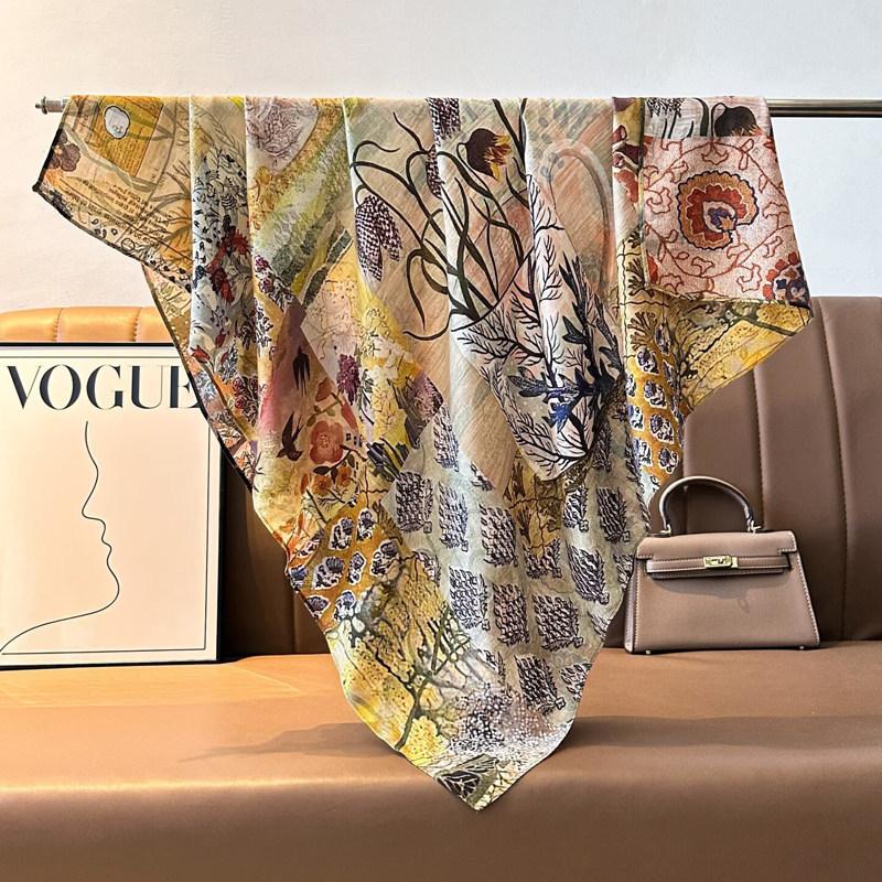 Pastoral Floral Velvet Double-sided Scarf 91 Large Square Scarf Women's Summer Travel Photo Silk Scarf Sun Protection Shawl