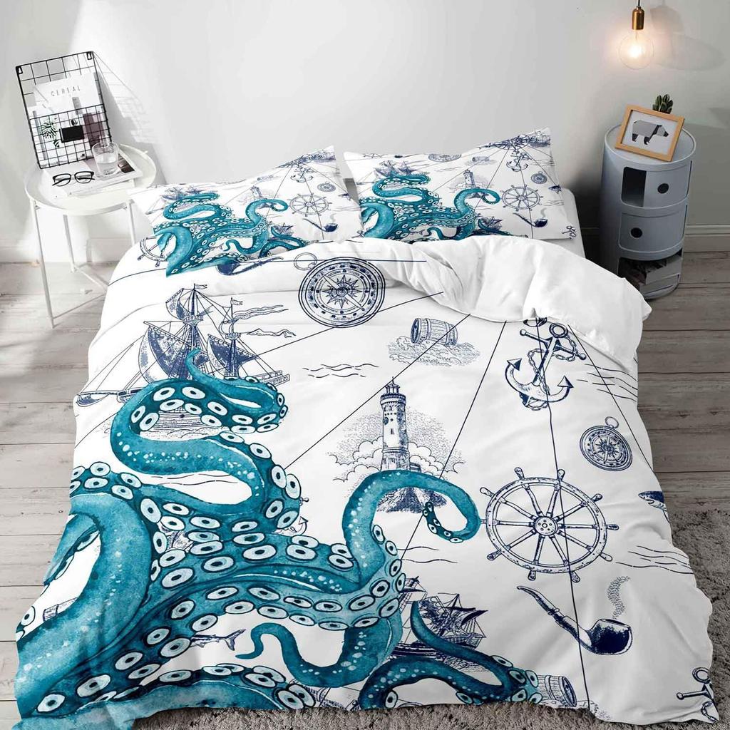 Retro Pirates Duvet Cover Set Skull Octopus Treasure Map Bedding Set Adult Boy Girl Bedroom Decoration Single Double Large Size
