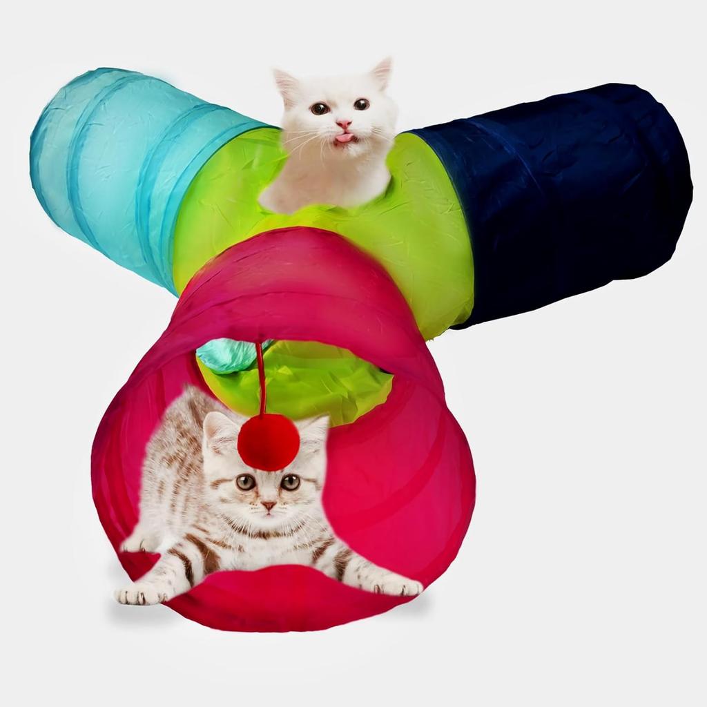 Cat Tunnel Tube Toys, Tunnels for Indoor Cats, 3 Way Colorful White Gray Collapsible Interactive Toy with Balls for Rabbits, Kittens, Ferrets, Puppy
