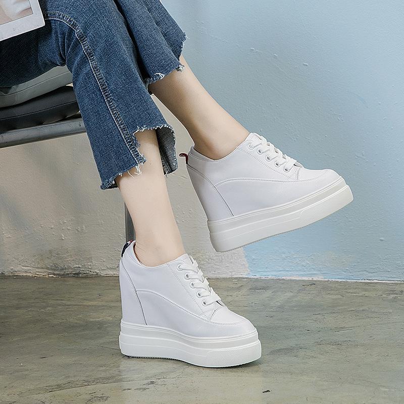 Fashion 11CM Genuine Leather Shoes New Autumn Winter Lace-up High-top Women Sneaker Shoes High Heels Increase Within Wedges Casual Shoes