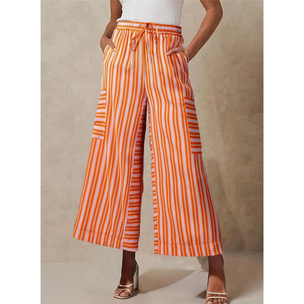 Women's pants summer striped straight pants drawstring wide-leg beach casual pants