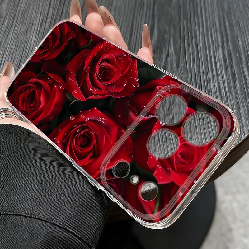 Scarlet Red Rose Flower Pattern Case For iPhone 17 Pro Max Coque iPhone 16 15 14 13 Pro Max 11 Clear TPU Silicone Soft Cover