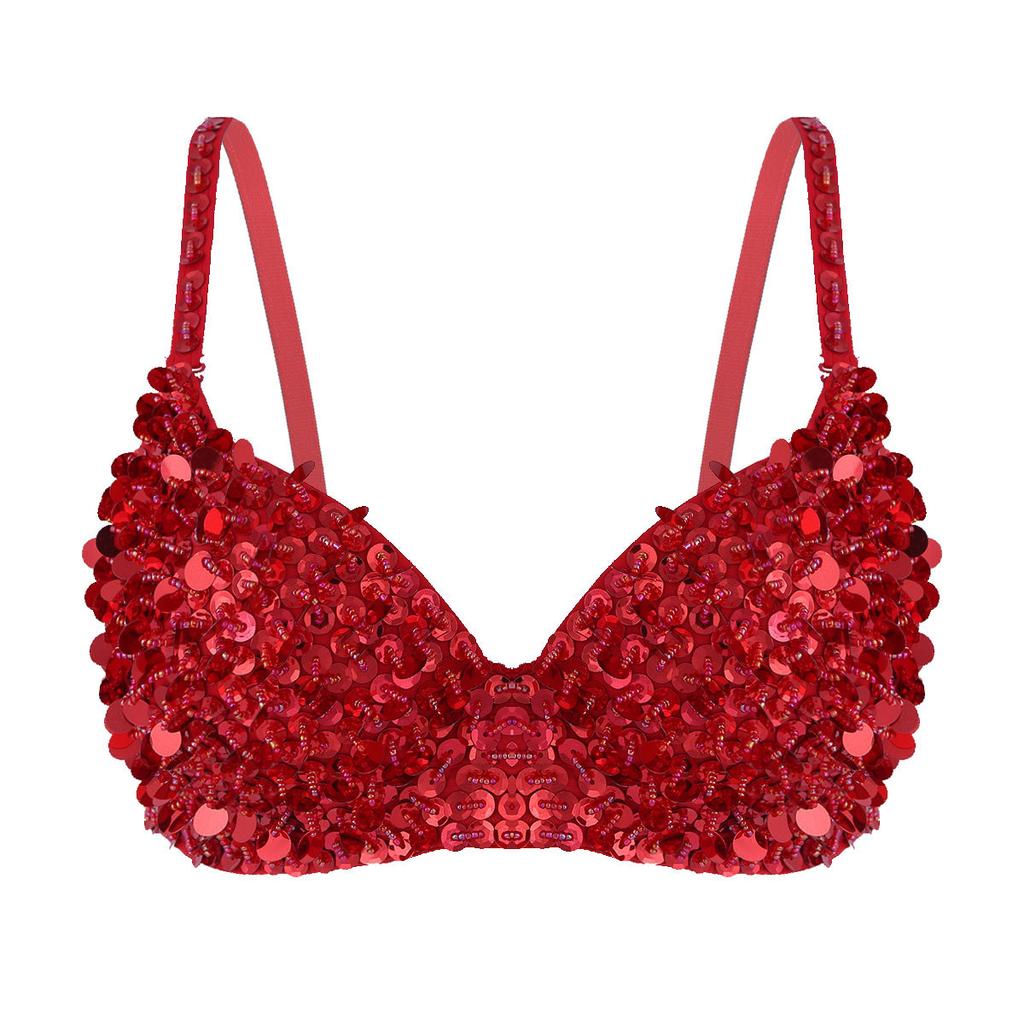 Women Ladies Glitter Sequins Beading Belly Dance Bra Tops Party Club Costume Dancewear