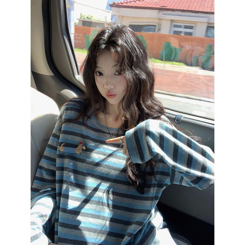 Women s Trendy Striped Crew Neck Long Sleeve Tee – Autumn Style: Loose, Slimming, Casual, Versatile Medium