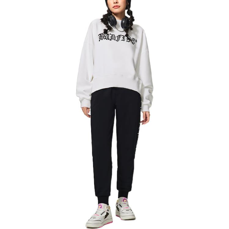Li Ning Badfive Logo Letter Print Crew Neck Pullover Long Sleeve Sweatshirt Women Sweatshirt Standard-White AWDSC02-1