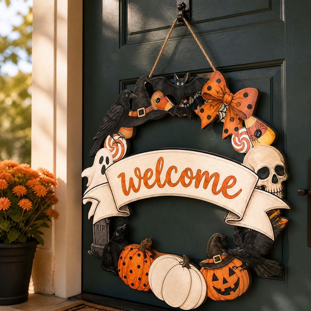 Wooden Halloween Pumpkin Hanging Sign for Yard Porch Party Decoration Fall Door Welcome Decor