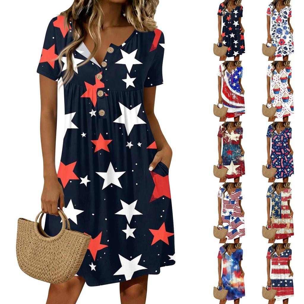 Damen Casual Kurzarm Hemdblusenkleid mit Knopfleiste Blumendruck Rundhalsausschnitt Lockerer Schnitt Knielanges Kleid mit Taschen für den Alltag