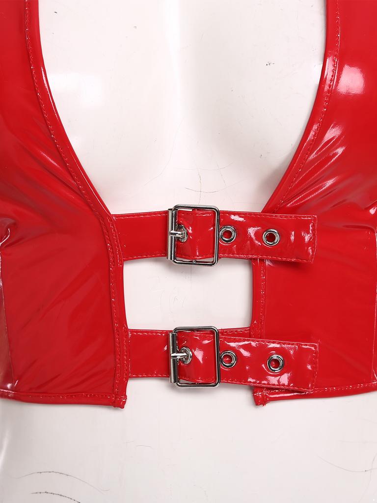 Dámský Crop Top PU s mokrým vzhledem Otevřený vpředu Nastavitelné přezky Krátký rukáv Crop Korzet Lesklý Clubwear