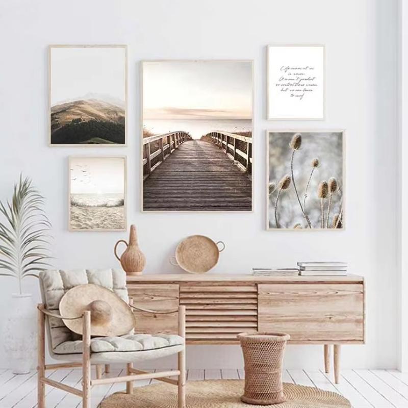Scandinavo Natura Paesaggio Tela Pittura Erba Ponte Spiaggia Tramonto Wall Art Poster Stampa nordica Immagine moderna Home Decor