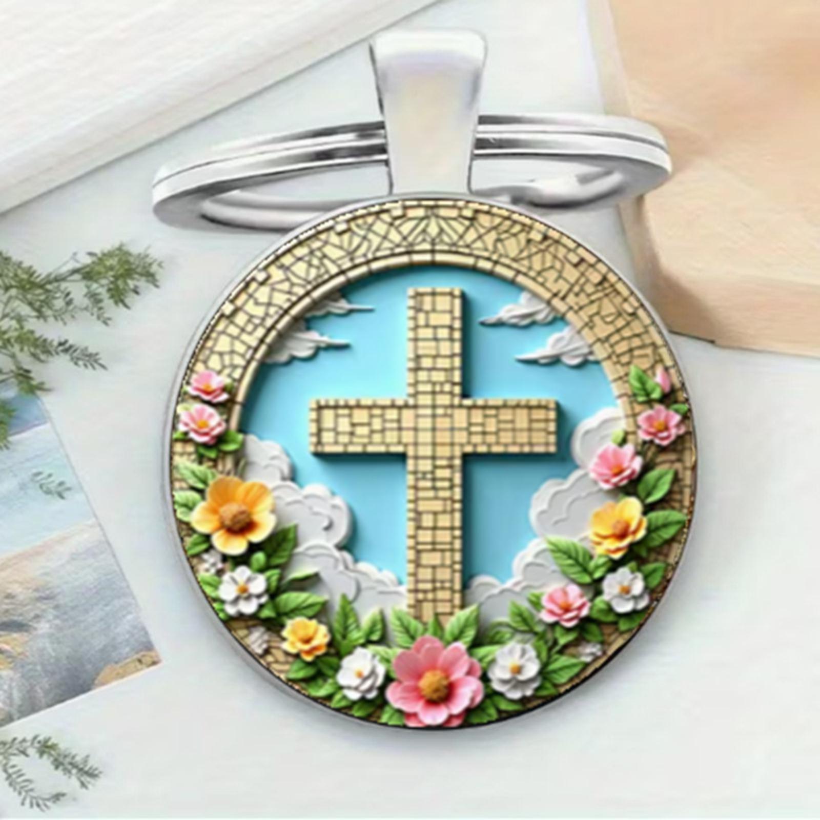 

Ornately Painted Round Glass Alloy Keychain With Floral Theme One Size