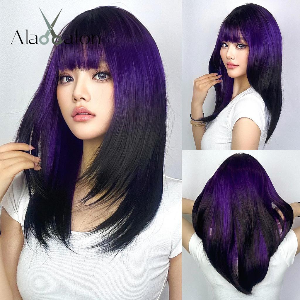 HAIRCUBE Ombre μαύρες συνθετικές περούκες με κόκκινα κτυπήματα Περούκα με μακριά ίσια στρώματα για γυναίκες Cosplay Halloween Heat Resistant περούκα