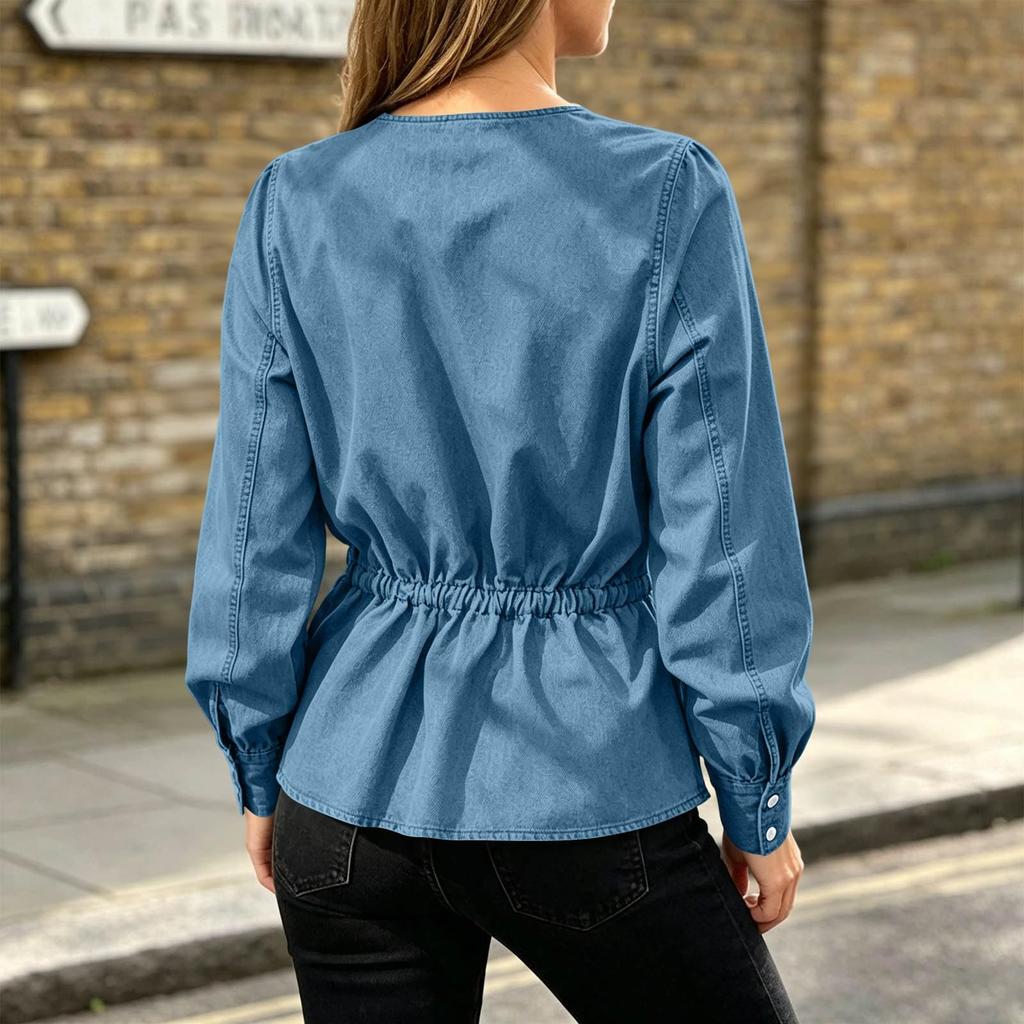 Giacca di Jeans da Donna a Vestibilità Larga con Maniche Lunghe, Cintura in Vita e Chiusura a Bottoni Frontale