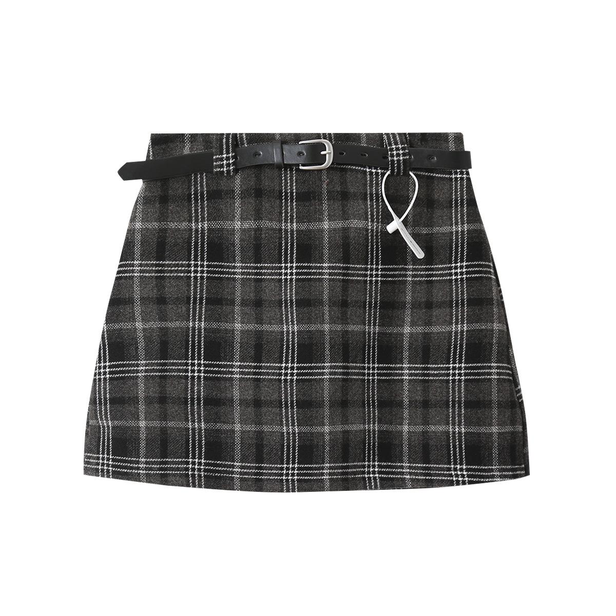 Ou Fan Women s High Waist Wool Plaid A-line Skirt with Retro Design S