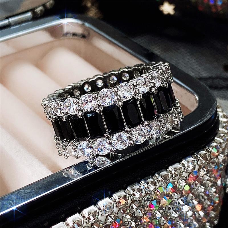 Huitan Luxury Black Promise Rings for Women Full Paved Shiny Cubic Zirconia Fashion Versatile Female Finger Ring Party Jewelry