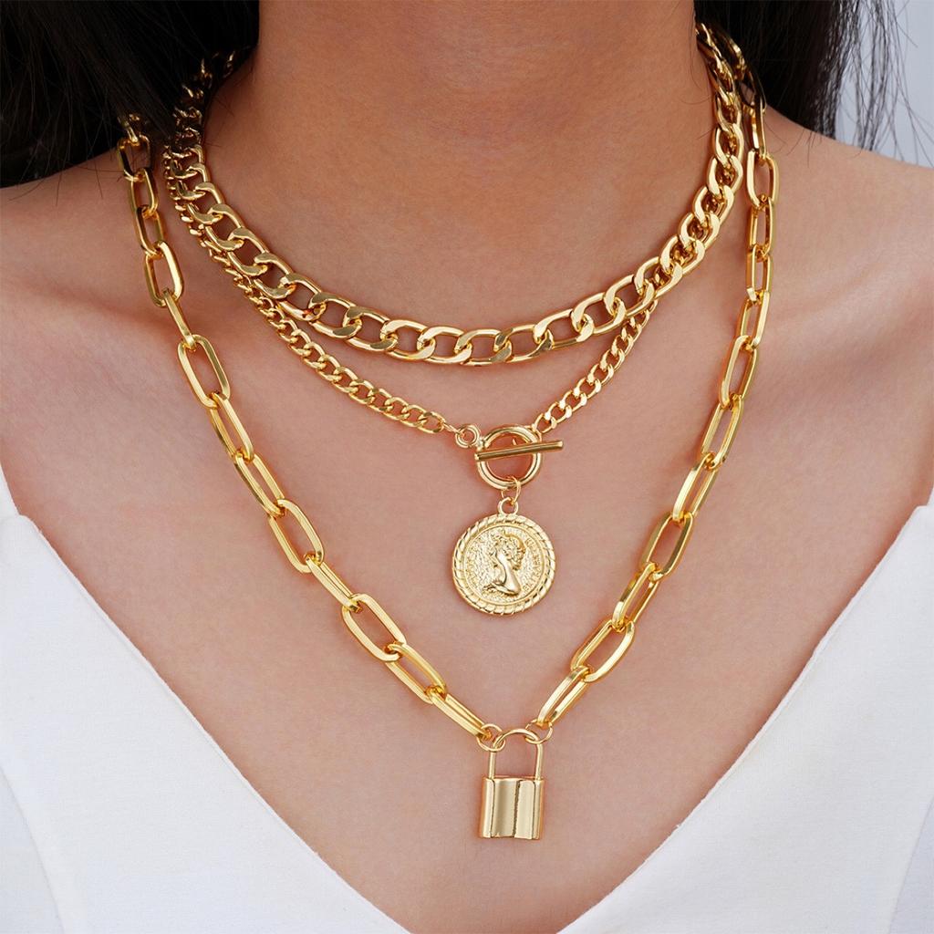 Elegant Three Layer Necklace Set Women Gold Color Relief Pendant Fashion Jewelry