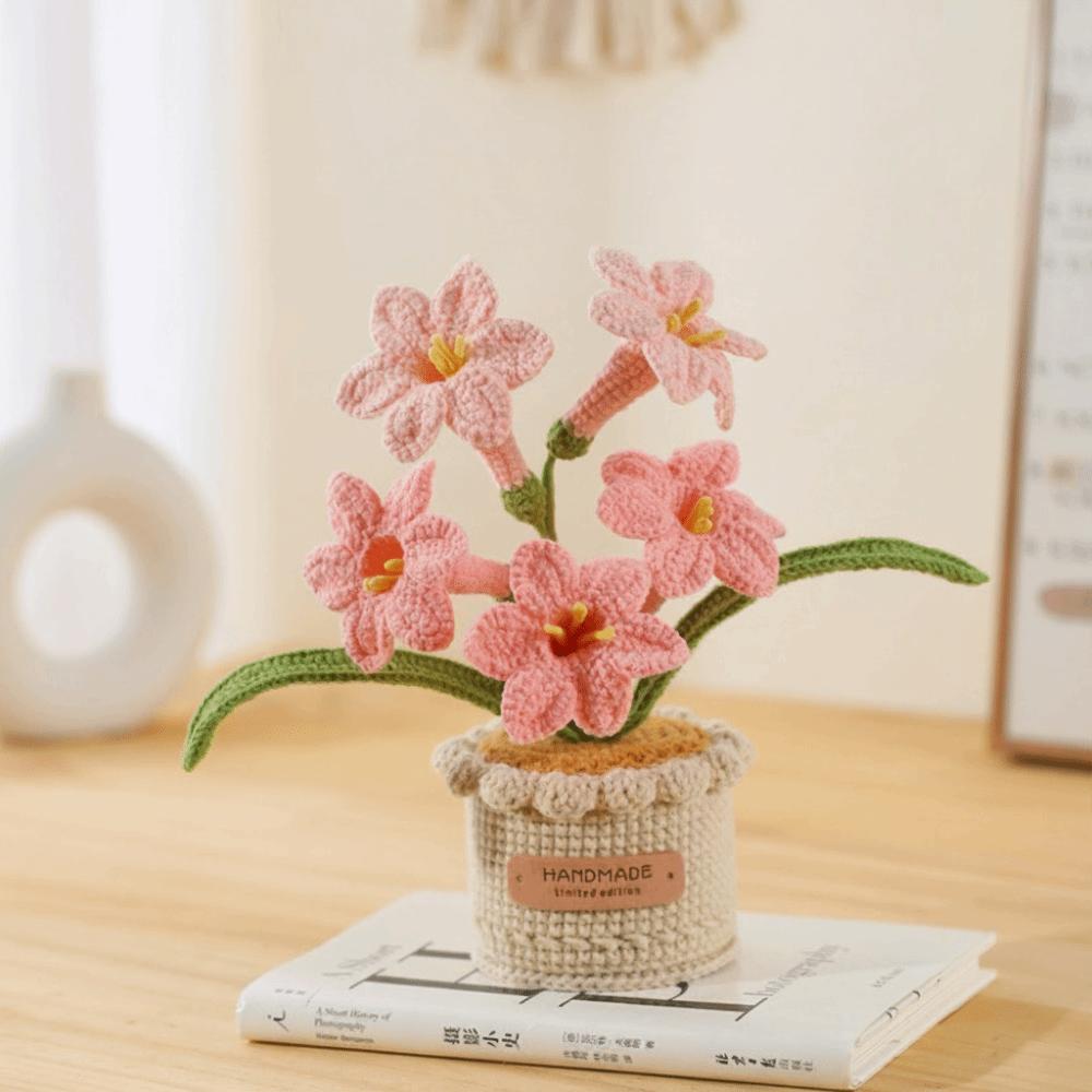 Handwoven Crochet Flowers Potted Realistic Knitted Flower Cyrtanthus Mackenii Snowflake Yarn Artificial Flowers розовый