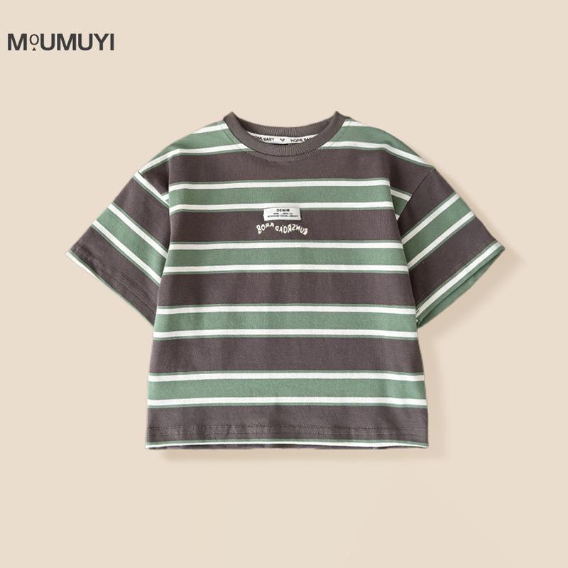 2025 Summer Boys' Pure Cotton Striped T-Shirt Set - Short & Half Sleeve Options