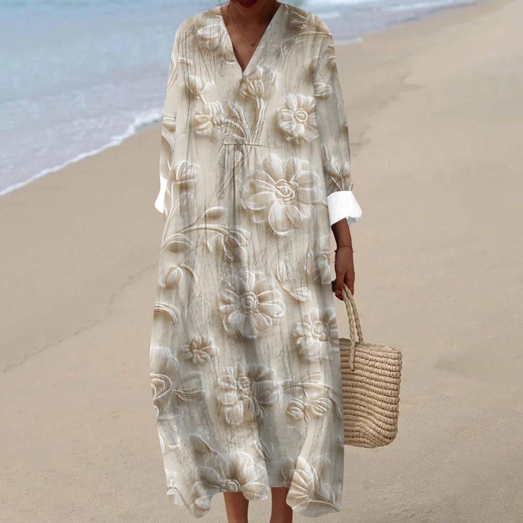 Women's Casual Fashion V-Neck Long Sleeve Textured Print Maxi Dress