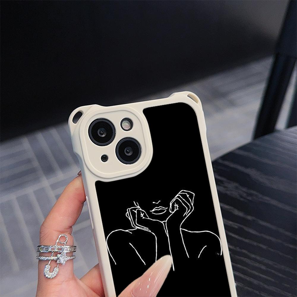 Ae79 Femme Framed Black Art Soft Phone Cases for iPhone 16 15 14 13 12 11 Pro Max 7 8 Plus XR XS with Wrist Strap Lanyard Corner Protection Back Cover