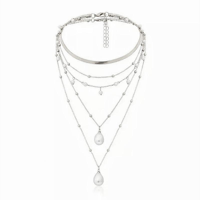 New Bohemian Choker Female Metal, Multi-layer Blade Chain Copper Beads Pearl Pendant Necklace