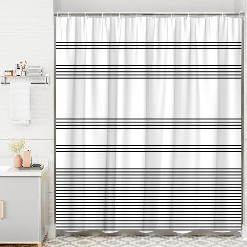 

Modern Geometric Shower Curtain with Striped Curves Black and White Squares Minimalist Neutral Home Bathroom Decoration 90x180cm