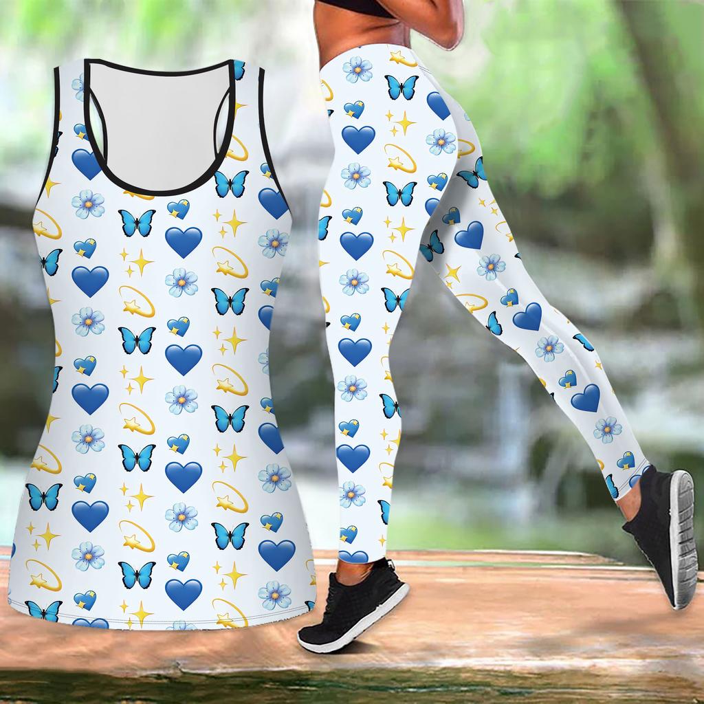 Pink Butterfly Print Yoga Outfit for Women Fashion Workout Leggings Fitness Sports Casual Yoga Set Sports Suit