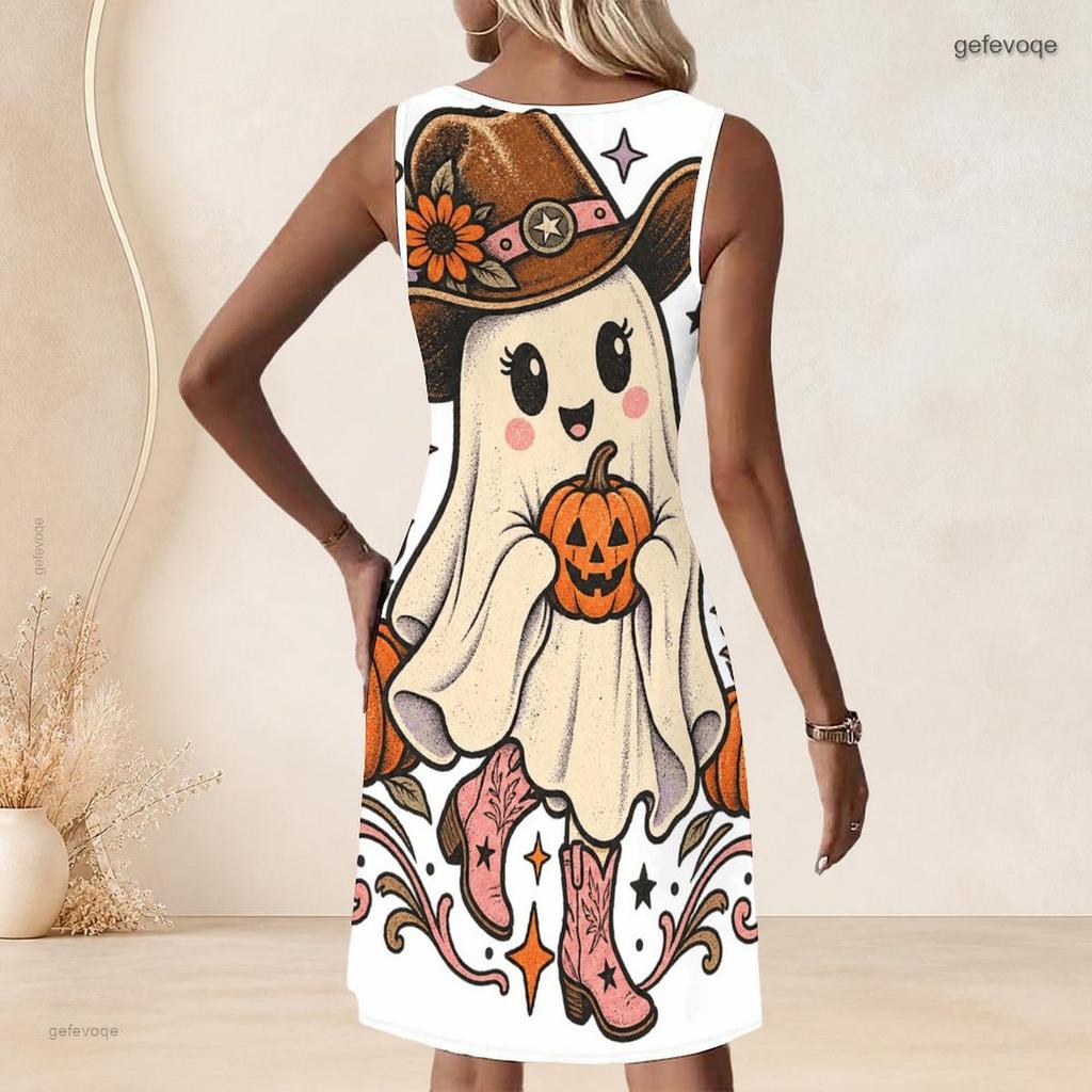 Women Plus Size Sleeveless A Line Dress Round Neck Keyhole Ring Halloween Ghost Pumpkin Printed Casual Dress