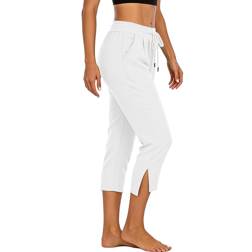 Women's High Waist Split Hem Capri Pants Casual Sporty Gym Workout Yoga Lounge Pants with Drawstring Waist and Side Pockets