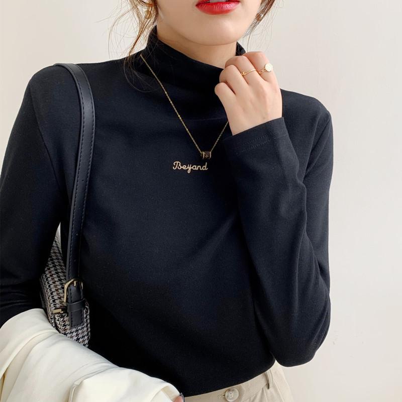 Letter embroidered semi-turtleneck bottoming shirt women's polished thermal long-sleeved T-shirt spring suit inner top