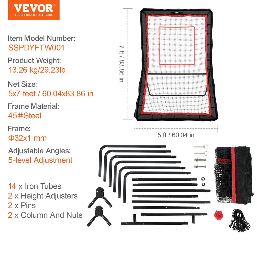 VEVOR Lacrosse Rebounder for Backyard, 1524 X 2133.6 Mm Volleyball Bounce Back Net, Pitchback Throwback Baseball Softball Return Training Screen