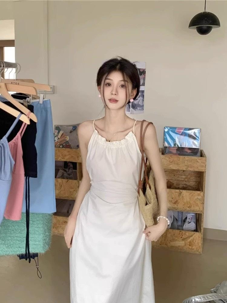 Design Sense Hollow Waist Hanging Neck Suspender Dress Dopamine Lace Up Waist Thin Holiday Style Fringed Long Dress