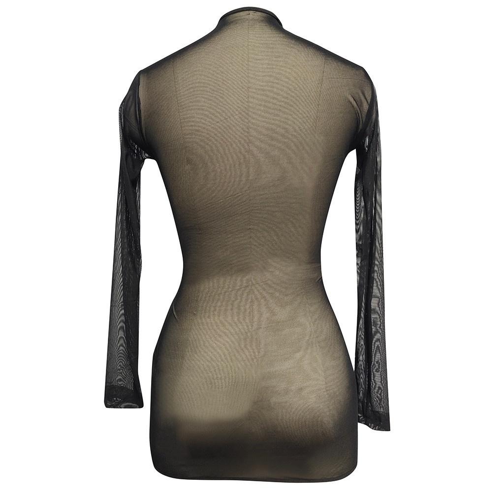 Fashion Ladies Sexy See Through Bodysuit Dress Womens Long Sleeve Dress Casual Clubwear Sexy Party Night Club Mini Dress Plus Size
