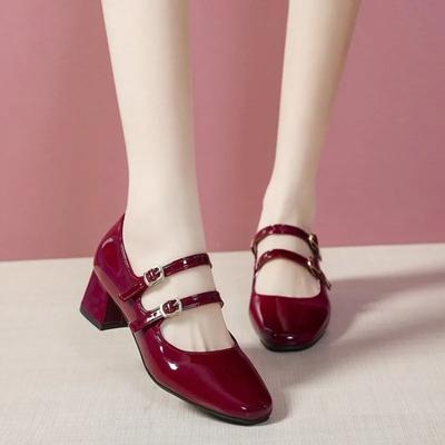 Buty damskie 2024 Mary Janes damskie szpilki duże rozmiary szpilki damskie kwadratowe noski grube obcasy buty z paskiem na klamrę damskie