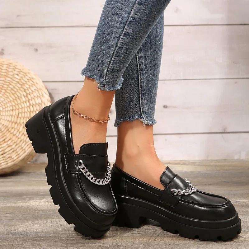 Ladies Shoes on Sale 2024 Fashion Slip on Women's Pumps Autumn Round Toe Chain Solid Dress Platform Chunky Heels Plus Size Shoes