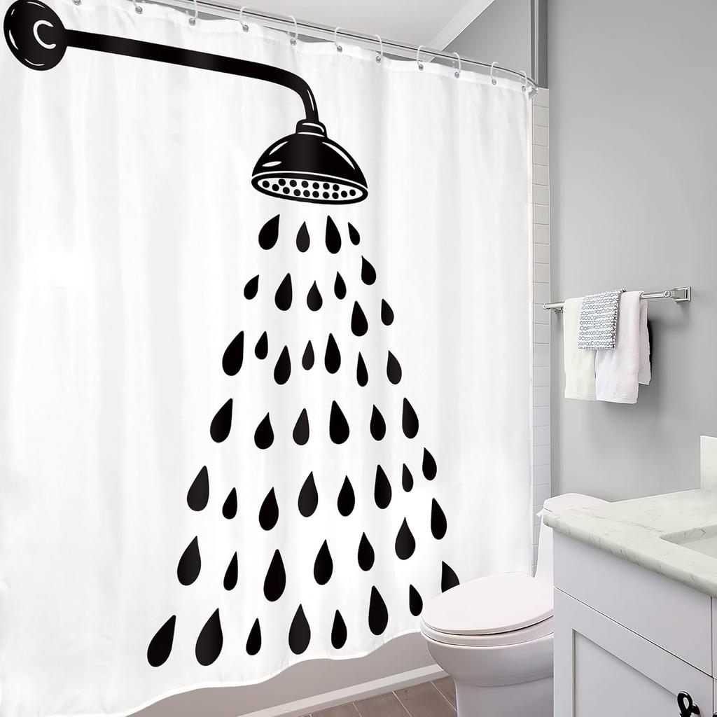 Black And White Shower Curtain, Funny Fun Kids Cute Water Drop Modern Simple Silhouette Minimalist Bathroom Decor Cartoon Bath