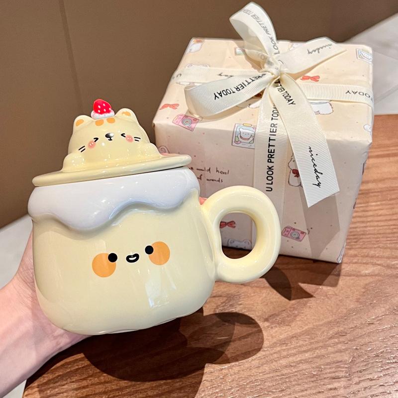 Gift Super Cute Pudding Mug Household Ceramic Water Cup with Lid Spoon Coffee Cup Souvenir