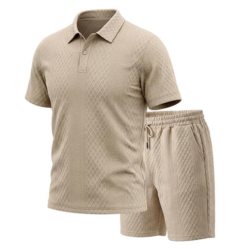 Men's Summer Jacquard Polo Shirt and Shorts Set Casual Loose Fit Lapel Collar 2-Piece Outfit