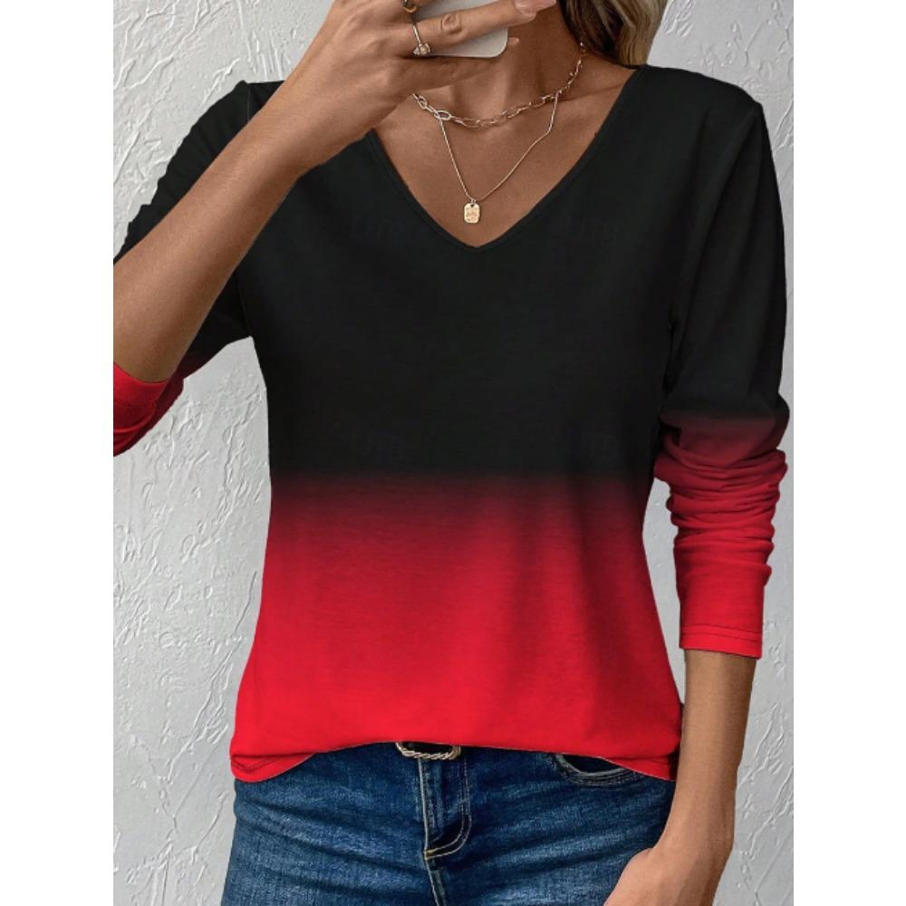 Tops for Women Ombre Dip Dye Block Gradient Wash Round Neck Long Sleeve T-shirt Fall Casual Slim Pullover Women's Long Sleeve Top