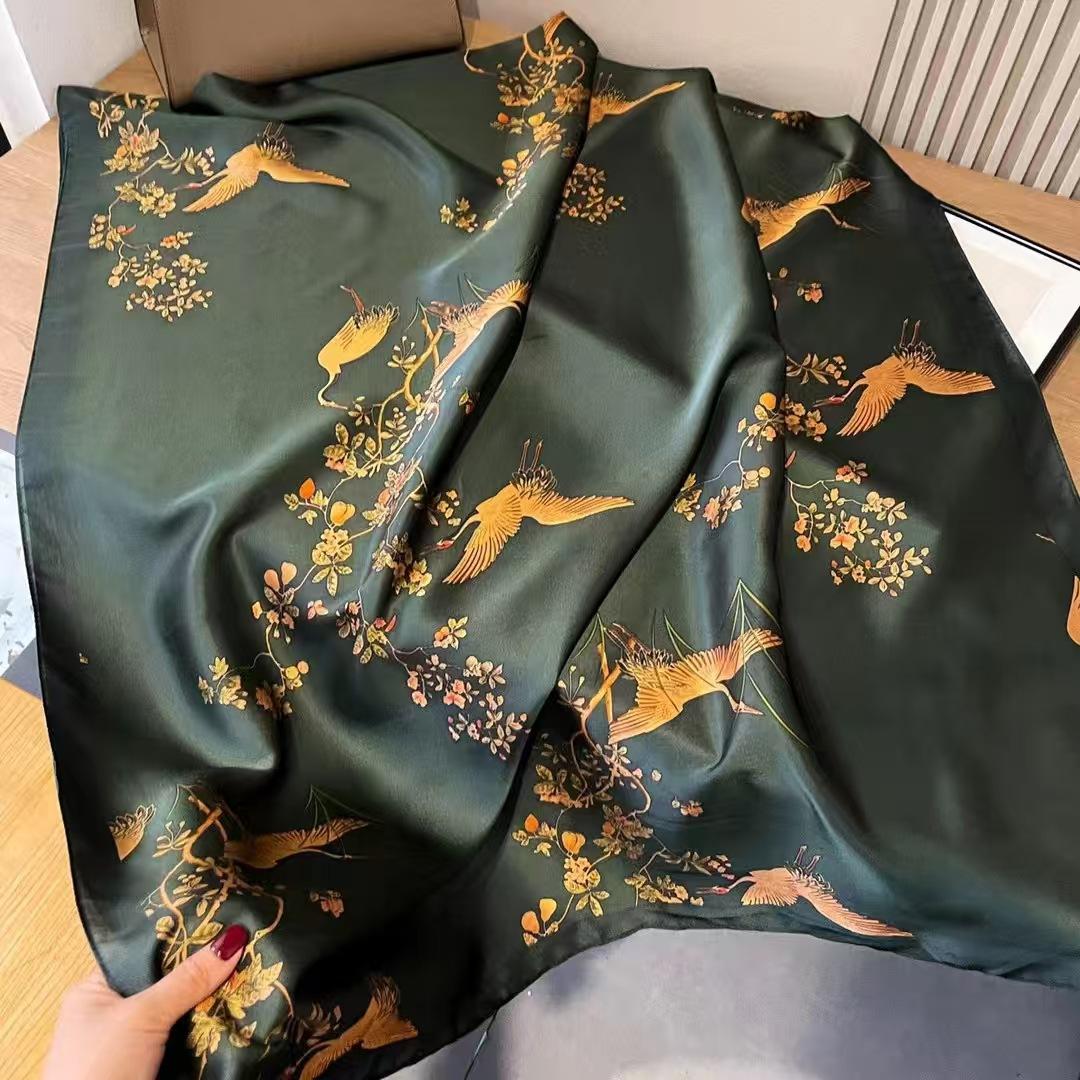 

Длинный шелковый шарф для женщин на весну и лето, тонкий стиль с напечатанным ароматом, атласная шаль с кондиционером, ретро-шарф из искусственного шелка 180x90cm