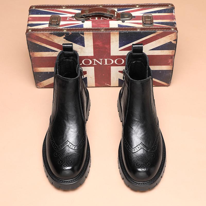 

Men s Chelsea Boots Premium British Smoke Boots Carved Pointed Short Boots Casual Black High Top Martin Leather Boots 38