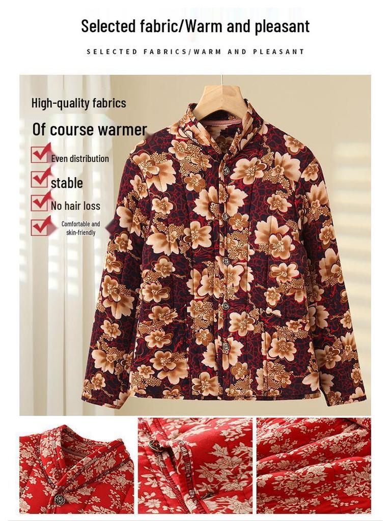 Mom's Floral Long-Sleeve Cotton Jacket for Middle-Aged and Elderly Women