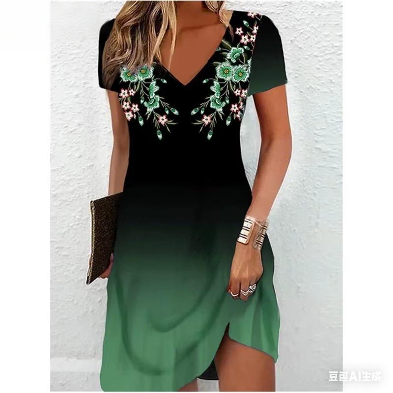Zomerse Bloemen Damesjurk Mode Casual Boho Strand Zomerjurk Korte Mouw V-hals Sexy 3D Print Losse A-lijn Jurk Femme Vestidos