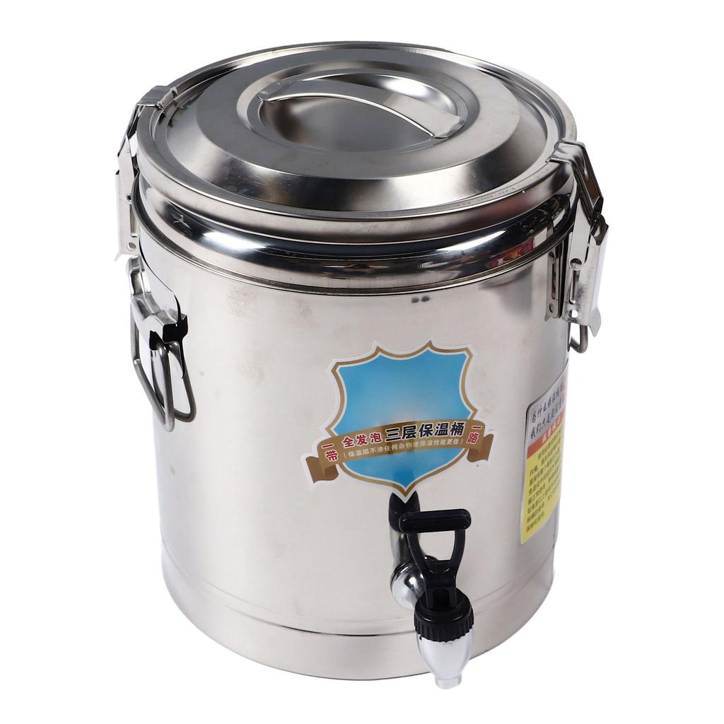 10L Insulated Soup Bucket with Faucet Commercial Rice Bucket Pot Stainless Steel Buckle Lid Handle Beverage Dispenser