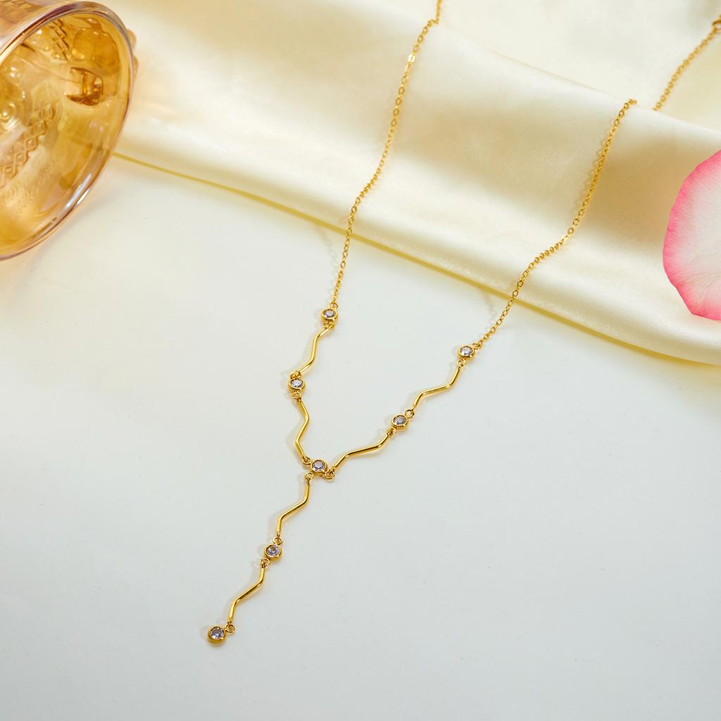 Trendy Heart Wavy Stainless Steel Y Drop Lariat Necklace for Women Dainty CZ Stone Long Chain Party Unique Jewelry Gift