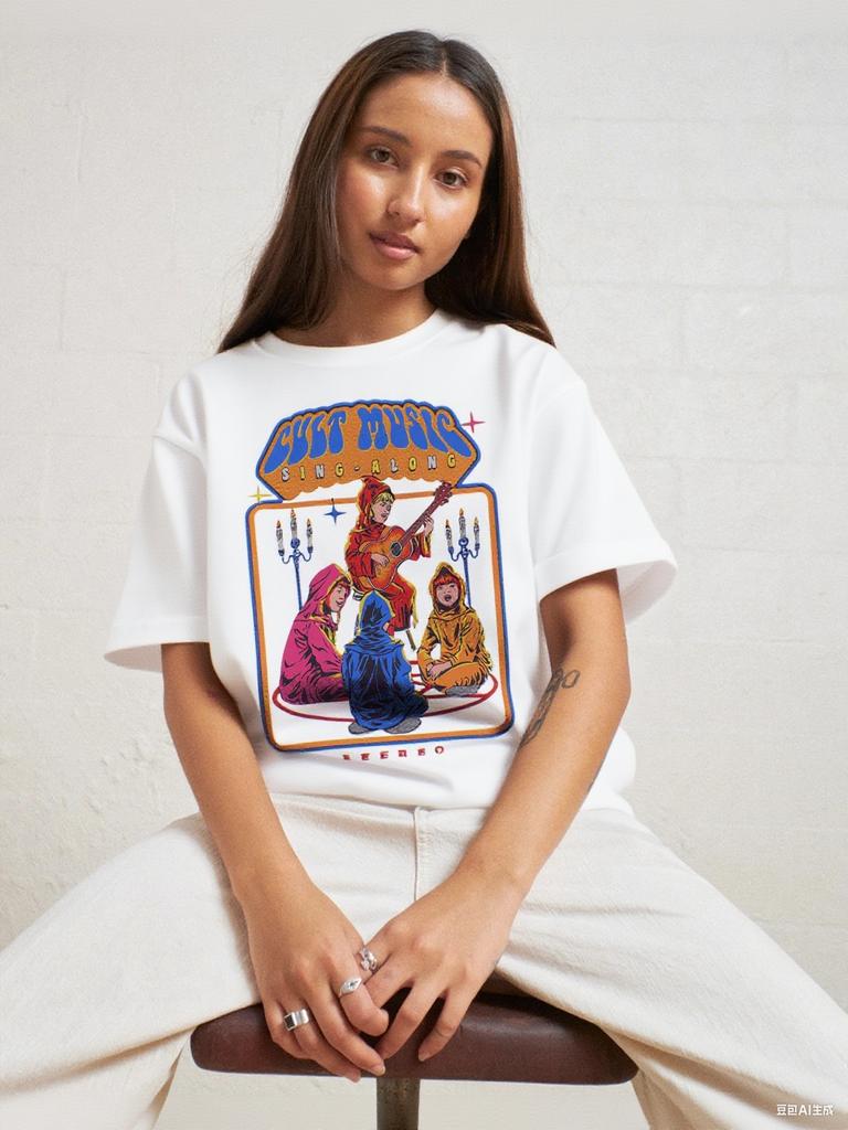 Retro Music Tee 70s Style Cartoon Tshirt With Singalong Scene Bold Color Print Vintage Inspired Casual Cotton Top