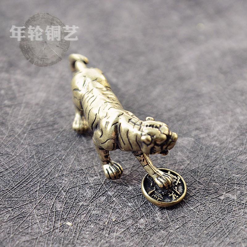 Solid Brass Lucky Tiger Keychain With Coin-Stepping Design Zodiac Animal Charm Pendant