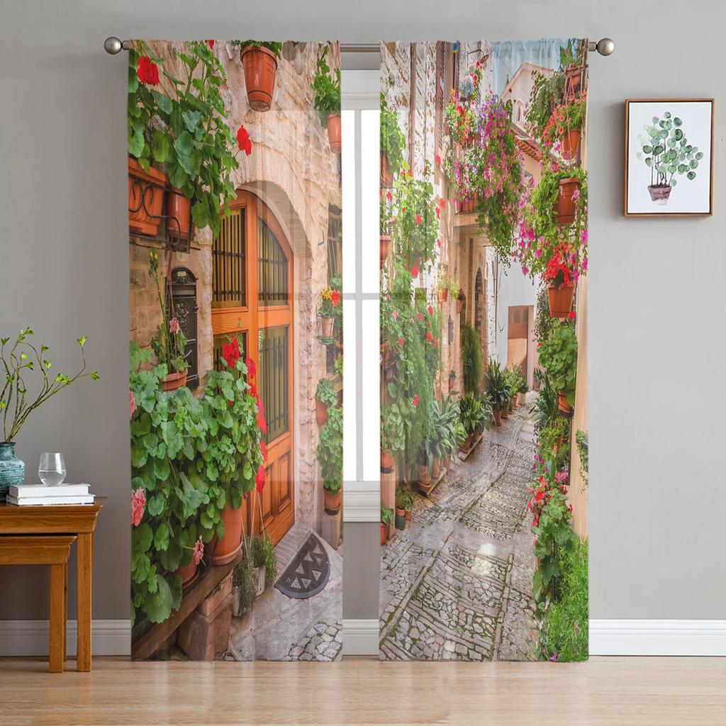 European Style Building Balcony Scenery Tulle Window Curtains Living Room Organza Sheer Voile Curtain Bedroom Kitchen Home Decor