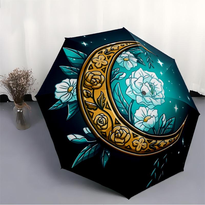 1pc Moon Flowers Automatic Folding Umbrella - Compact 8-Rib Design, Durable Plastic & Iron, Lightweight for Outdoor Daily Use120